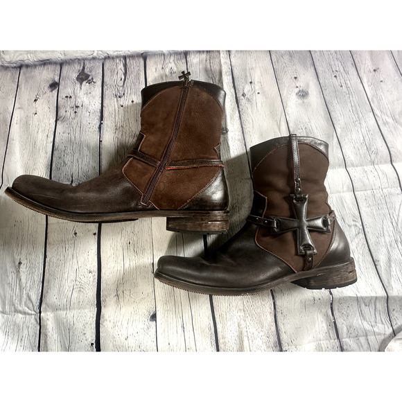 Mark Nason 67179 Ankle Zip Distressed Leather Metal Cross Brown Boots Mens Sz 11 - Picture 1 of 10